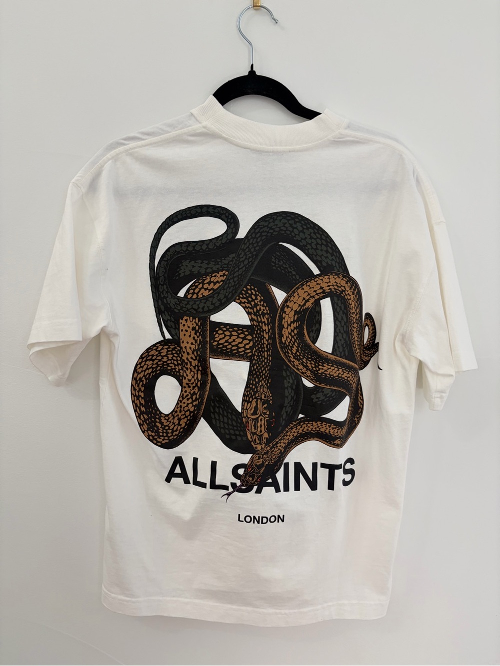 All Saints Chalk White Tee with Black & Brown Snake Graphic